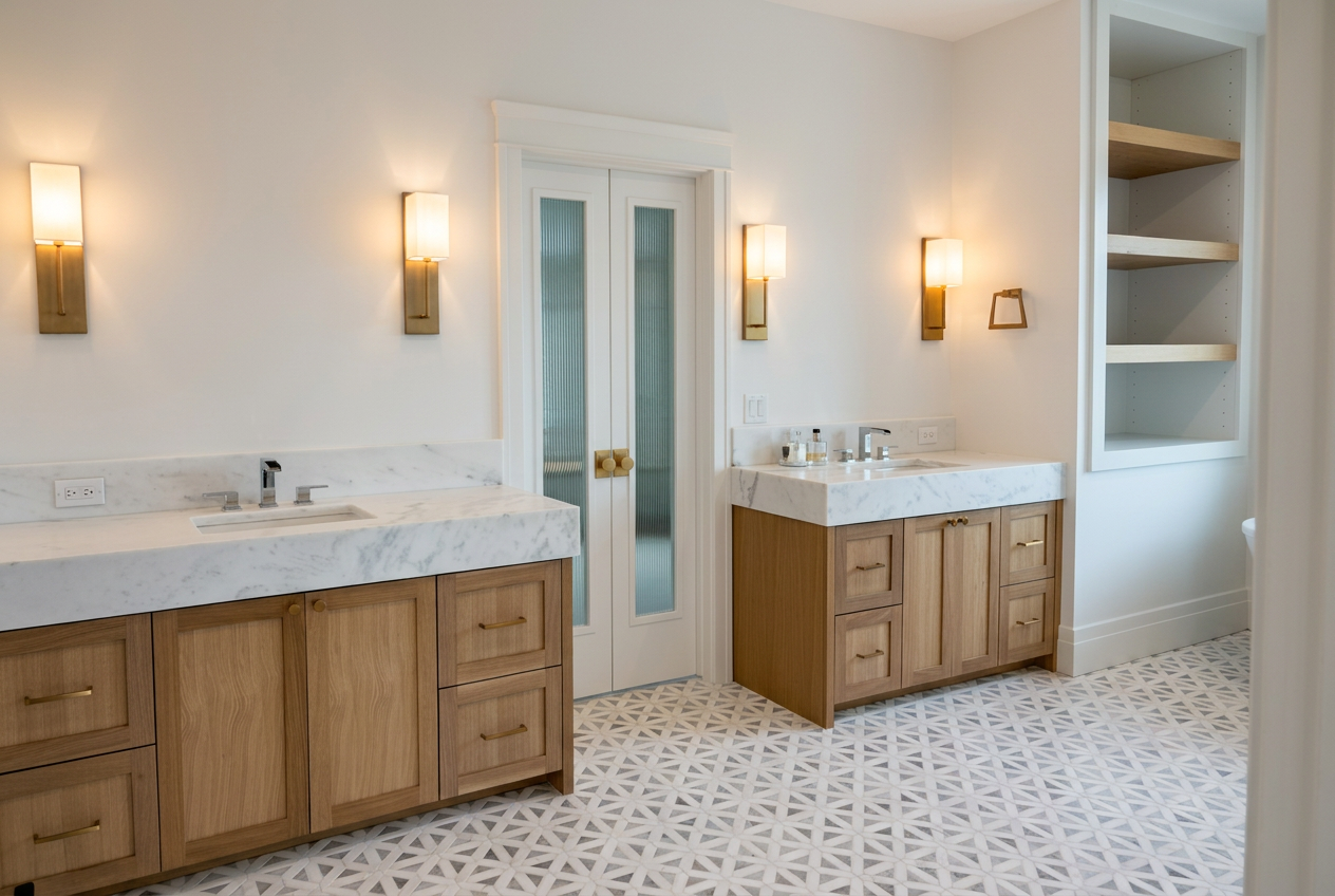 Double vanity bathroom with knotty alder cabinetry