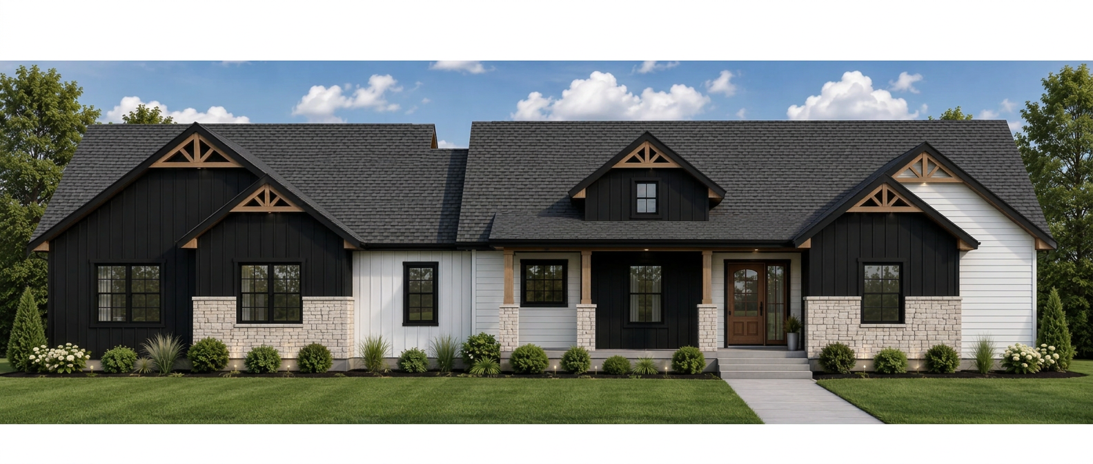 Moser Estates spec home rendering in Rigby, Idaho with black and white board and batten exterior